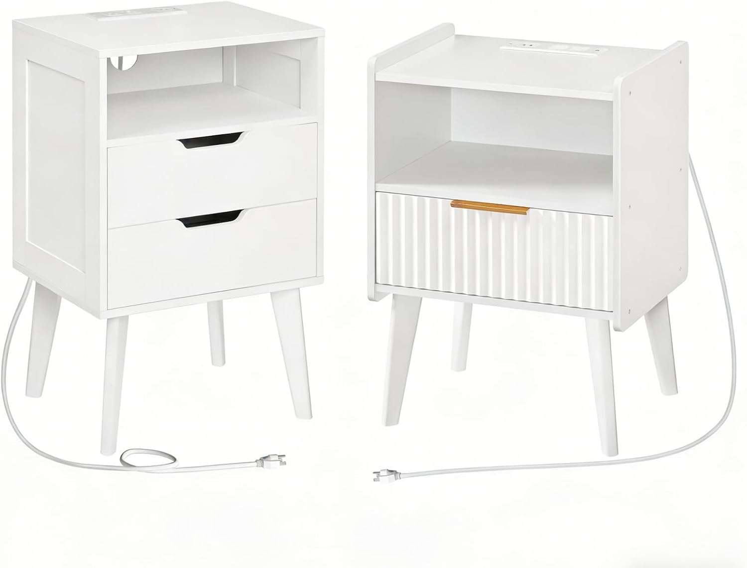 MAHANCRIS Nightstand with Charging Station and Modern Bedside Table Bundle, White End Table with Storage Drawers, Open Storage, Night Stand with Solid Wood Legs, for Bedroom, ETWT61E01N1-ETWT69E01