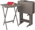 Pemberly Row Solid Wood 5-Pc Snack Table Set, Oyster Gray Finish, Rectangular Folding Tables with Storage Rack, Compact Design, 19.05 x 14.56 x 25.98 in, Durable Living Room or Home Use