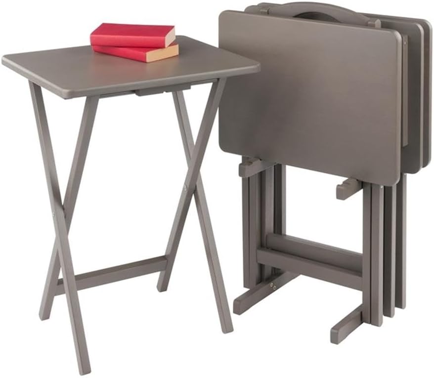 Pemberly Row Solid Wood 5-Pc Snack Table Set, Oyster Gray Finish, Rectangular Folding Tables with Storage Rack, Compact Design, 19.05 x 14.56 x 25.98 in, Durable Living Room or Home Use