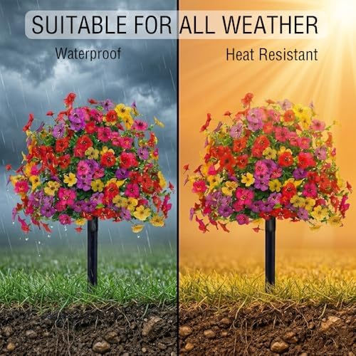 Faux Petunias with Ground Stake, UV Resistant & Waterproof Artificial Flowers, Realistic Fake Flowers for Garden In Ground, Yard, Porch, Planter – Indoor Outdoor Home Decoration (Purple 3 Pcs)