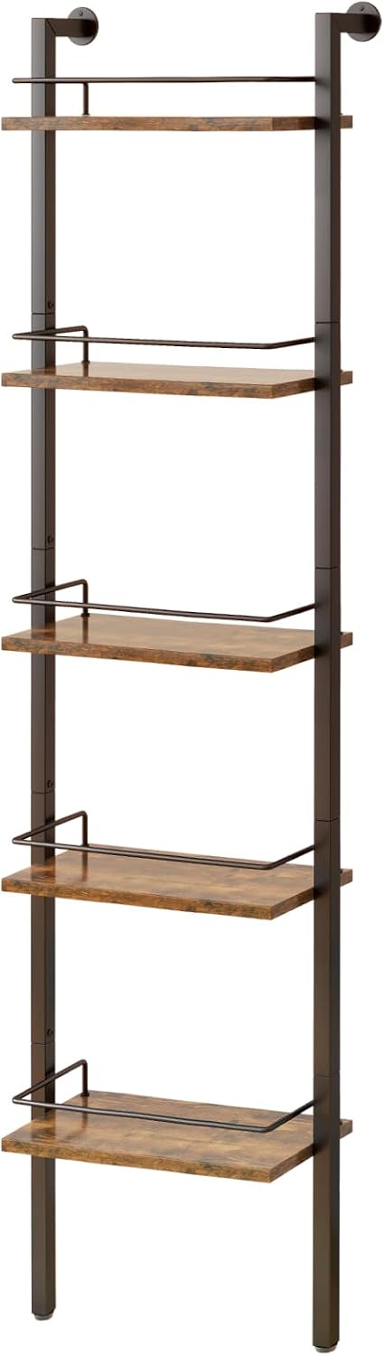 YMYNY 5-Tier Freestanding Wine Racks，Liquor Bottle Display Shelf with Fences, Wall Mounted Floating Shelf Storage Stand for Kitchen, Dining Room, 16.93''L x 7.87''W x 69.68''H Vintage Brown UHWR001H