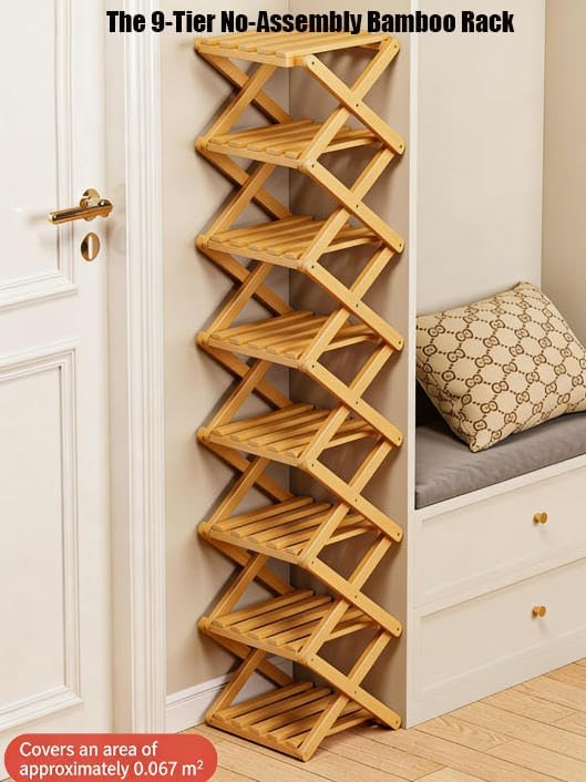 The 9-Tier No-Assembly Bamboo Rack, 2026 New 9 Tier Bamboo Shoe Rack, Bamboos Shoes Storage Racks, Foldable Vertical Organizer for Entryway, Closet, Bedroom, Small Spaces (Nature 9 Tier)