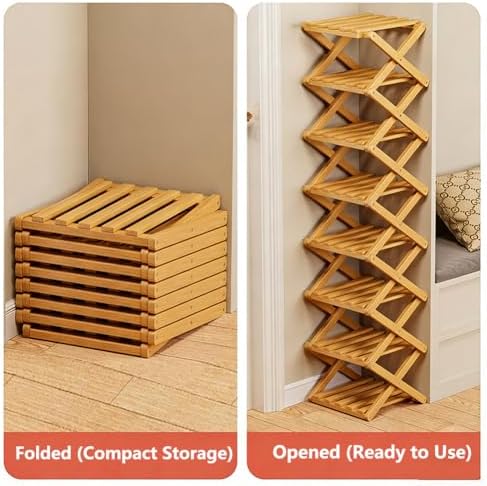 No-Assembly Bamboo Shoes Rack, Foldable Vertical Corner Shoe Organizer, Multifunctional Narrow Shoe Shelf for Entryway, Closet, Bedroom, Hallway (Brown, 5-Tier)