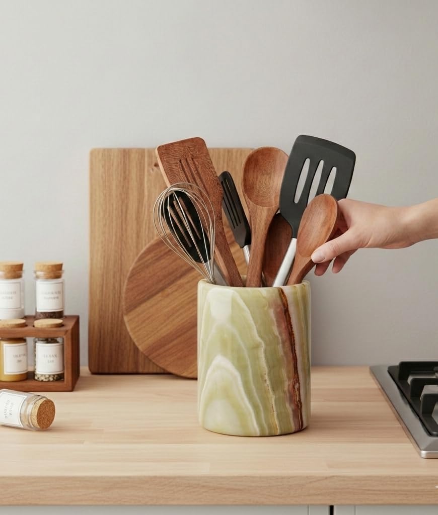 Marble Utensil Holder 6.5 Inch Green Wooden Cooking Utensils Set & Spatula Organizer for Kitchen Counter, Stone Utensil Crock & Caddy for Spoon Holder & Farmhouse Decor