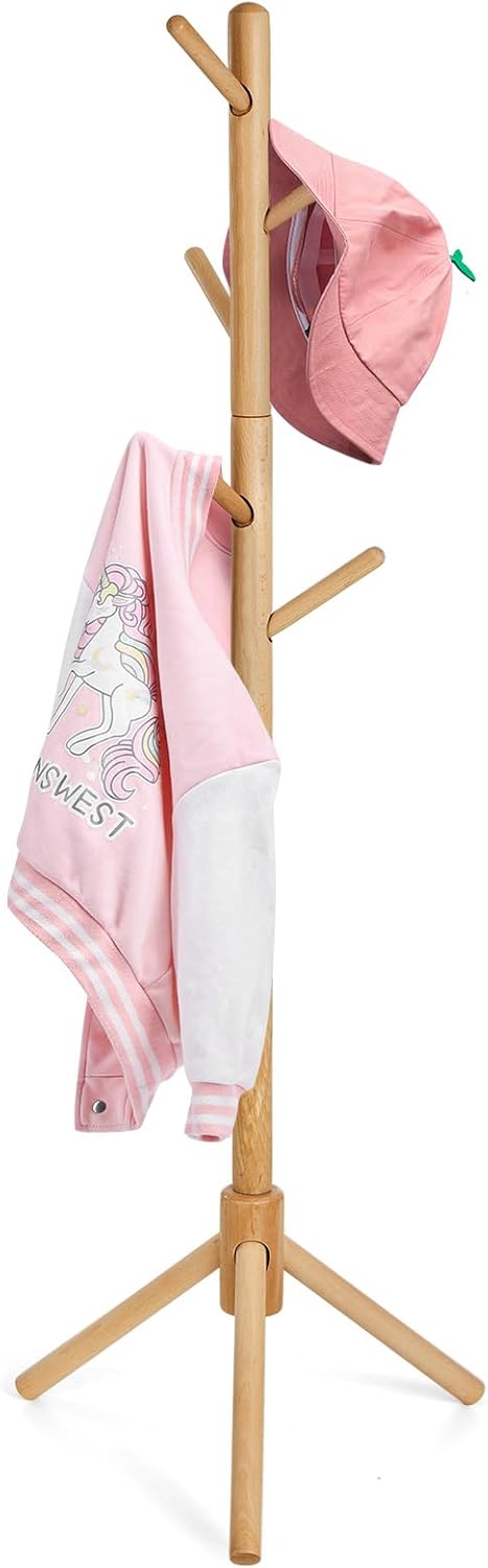 Cozivolife Kid's Coat Rack Stand Beech Wood Clothes Tree, Height Adjustable Freestanding Child Jacket Holder with 9 Hooks, Hanging Hats and Handbags, Hallway, Entryway,Bedroom, Easy Assembly (Natural)