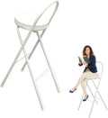 White Portable Folding Chair with Padded Round Seat and Footrest 70cm Counter Height Kitchen Stool(65cm/26in)