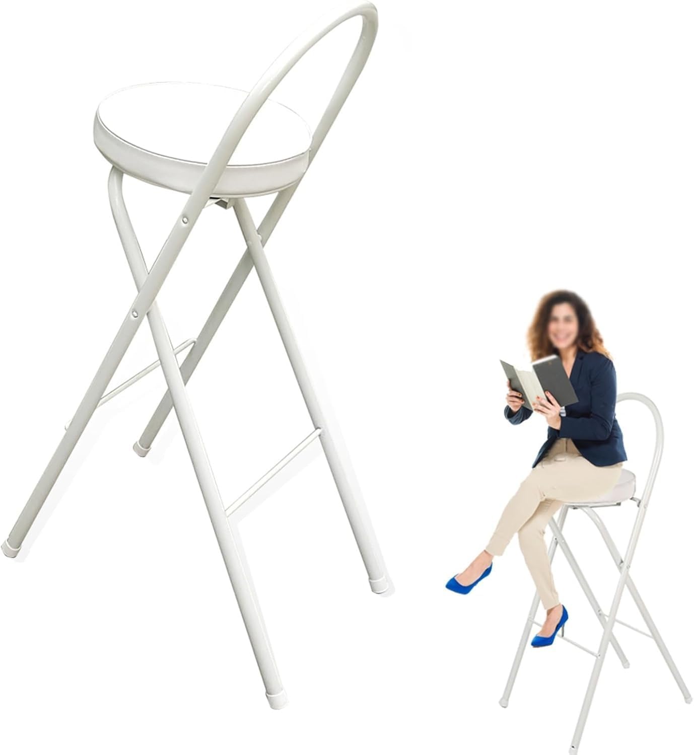White Portable Folding Chair with Padded Round Seat and Footrest 70cm Counter Height Kitchen Stool(65cm/26in)