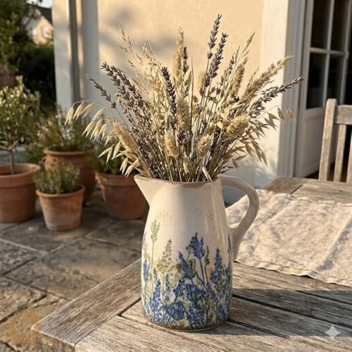 Navy Blue & Green Vintage Ceramic Pitcher Vase 7.3”, Rustic Farmhouse Floral Vase, Beige Decorative Centerpiece, Grandmillennial Tuscan Decor