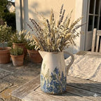 Navy Blue & Green Vintage Ceramic Pitcher Vase 7.3”, Rustic Farmhouse Floral Vase, Beige Decorative Centerpiece, Grandmillennial Tuscan Decor