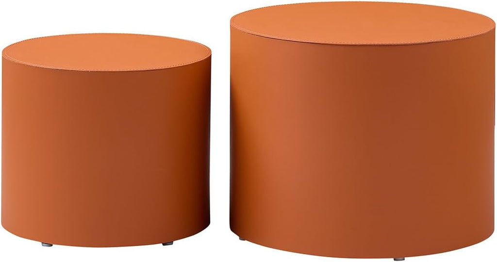 Modern Round Side Table Set of 2, MDF Core with Saddle Leather Upholstery, Cylinder Accent End Tables for Bedroom, Living Room, Apartment, Lounge, Bedside Decor, Coffee Table Use (Orange)