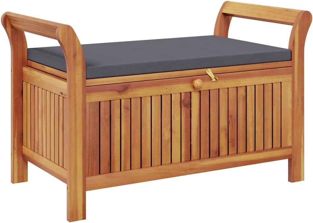 Solid Acacia Wood Patio Storage Bench with Cushion, Curved Arms and Ample Storage Space for Pillows and Blankets, Outdoor Garden Seat