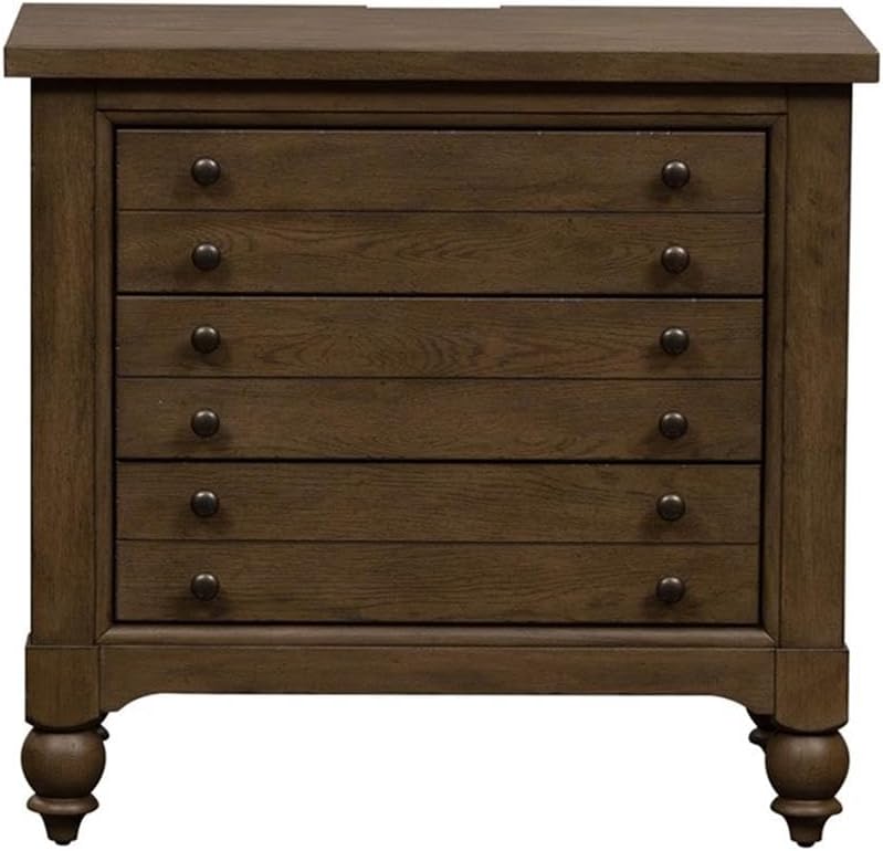 Pemberly Row Bedside Chest, Dusty Taupe Wire-Brushed Finish, 3 Drawers with Felt-Lined Top and Cedar-Lined Bottom, Built-in AC and USB Charging Station, Antique Brass Knob Hardware, Rustic Bedroom