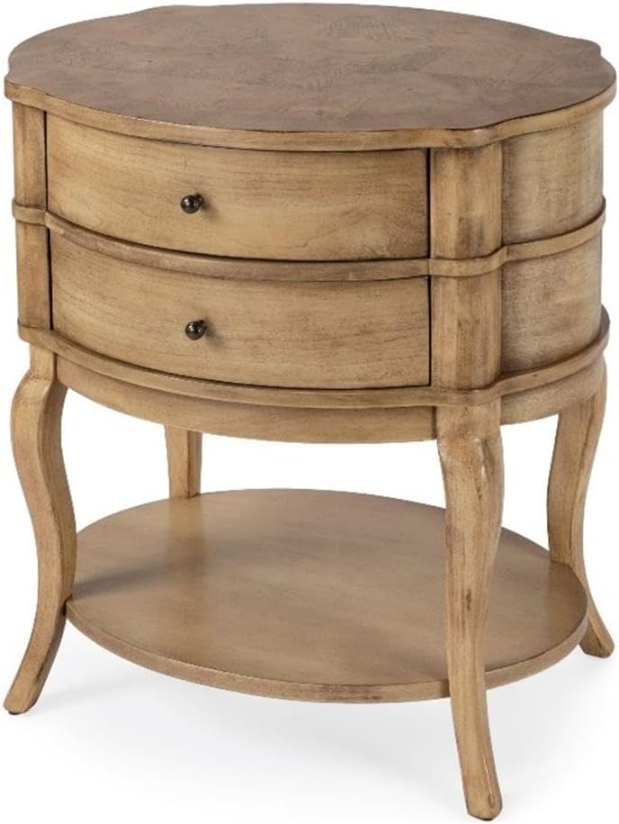 Beaumont Lane Oval 2-Drawer Side Table, Antique Beige Finish, Poplar Hardwood and Cherry Veneer, 24" W x 18" D x 26" H, Transitional Style Bedside or Chairside Table with Lower Shelf for Storage