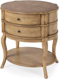 Beaumont Lane Oval 2-Drawer Side Table, Antique Beige Finish, Poplar Hardwood and Cherry Veneer, 24" W x 18" D x 26" H, Transitional Style Bedside or Chairside Table with Lower Shelf for Storage