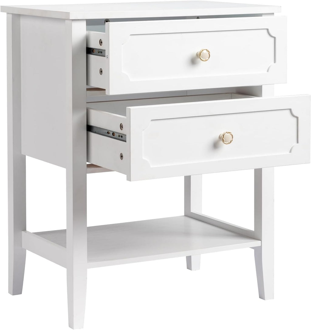 Wood Nightstand with 2 Drawers and Shelf, White End Table for Bedroom Living Room, Solid Wood & MDF Bedside Table