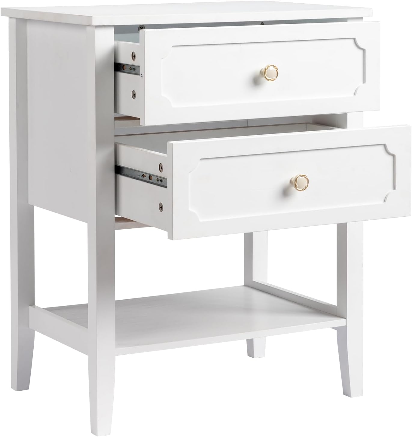 Wood Nightstand with 2 Drawers and Shelf, White End Table for Bedroom Living Room, Solid Wood & MDF Bedside Table