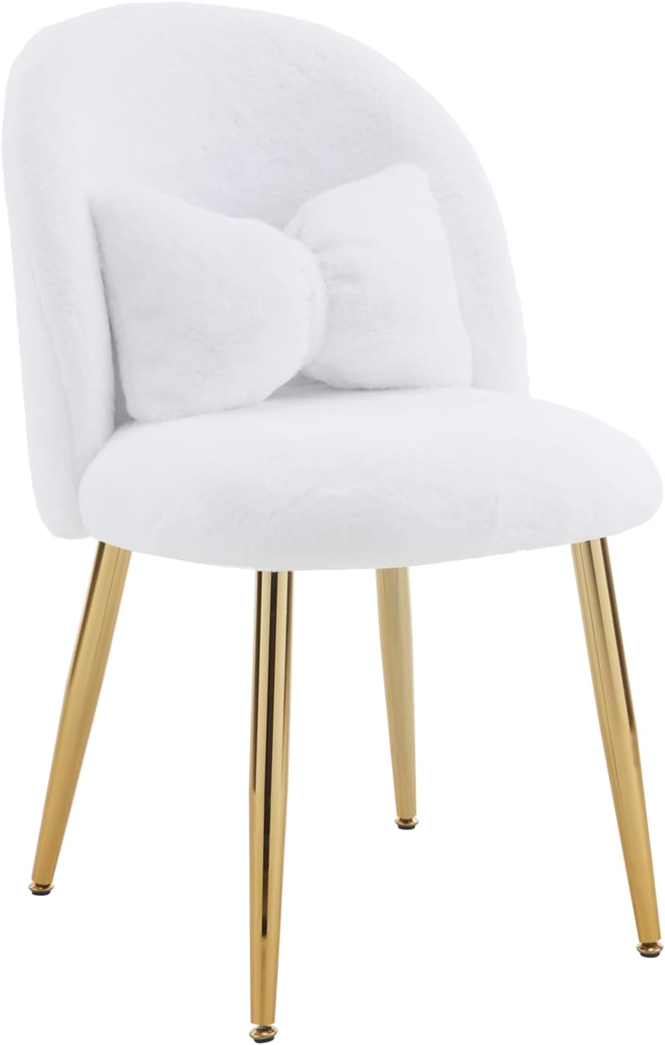 VINGLI Fluffy Girls Vanity Chair with Back & Pillow,Cute Small Cozy Desk Chair No Wheels,Comfy Makeup Ch with Ajustable Gold Legs,for Bedroom,Living Room,Small Space,White