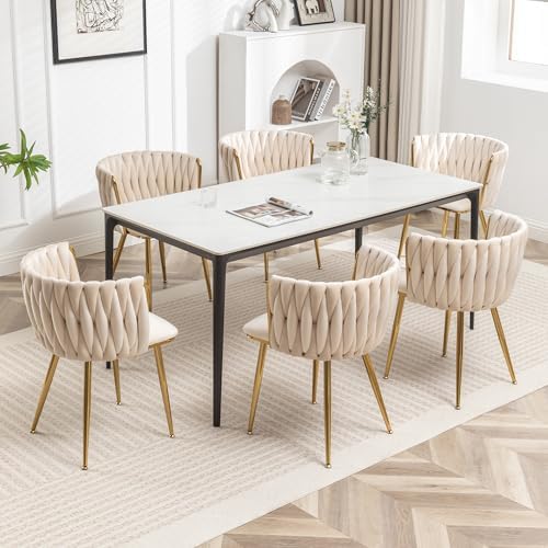 Dining Chairs Set of 6 Upholstered Dining Room Chairs Comfy Velvet Accent Chairs with Gold Metal Legs and Woven Back for Dining Room Kitchen Living Room (Beige)