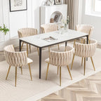 Dining Chairs Set of 6 Upholstered Dining Room Chairs Comfy Velvet Accent Chairs with Gold Metal Legs and Woven Back for Dining Room Kitchen Living Room (Beige)