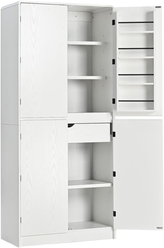 72" Tall Farmhouse Kitchen Pantry Cabinet, Curved Storage Cabinet with 3 Adjustable Shelves, 8 Door Shelves & Hidden Drawer for Kitchen Dining Bathroom (White)