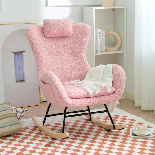 Rocking Chair Nursery, Teddy Upholstered Glider Rocker with Headrest, Accent Armchair with High Backrest, Comfy Lounge Chair for Living Room Bedroom Offices, Pink