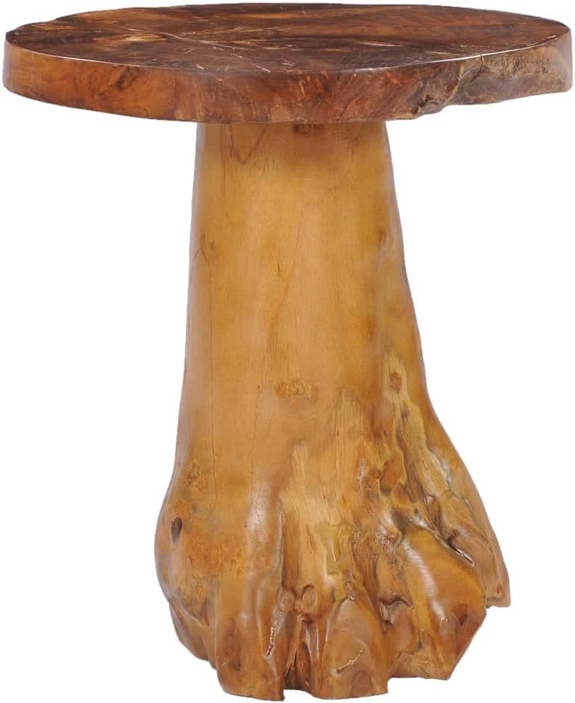 Solid Teak Wood Coffee Table, 15.7-Inch Round Rustic End Table, Handcrafted Root Base Side Table for Living Room, Brown Minimalist Accent Furniture