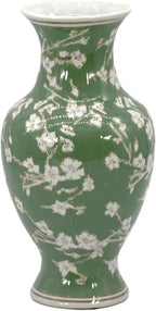 Galt International Floral Chinoiserie Ceramic Vase 14" - Green Sakura Hand Painted Antique Style Porcelain Flower Bottle Fishtail Porcelain Chinese Vase for Home Decor Centerpiece