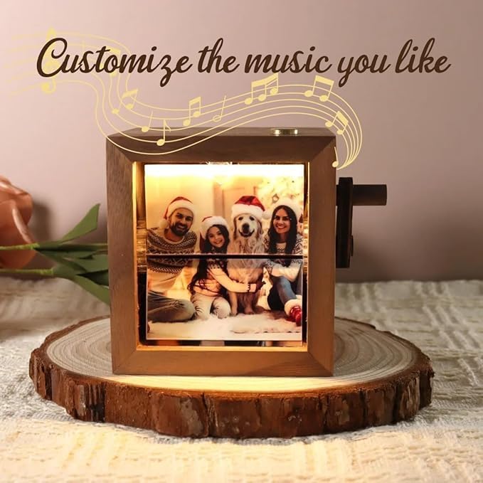 Custom Flip Photo Book, Personalized 8 or 16 Photo Flip Box Frame Animation Machine, Custom Hand-crank Flipbook Box Album with Light, Music, Gifts for Mothers Day Birthday (Walnut)