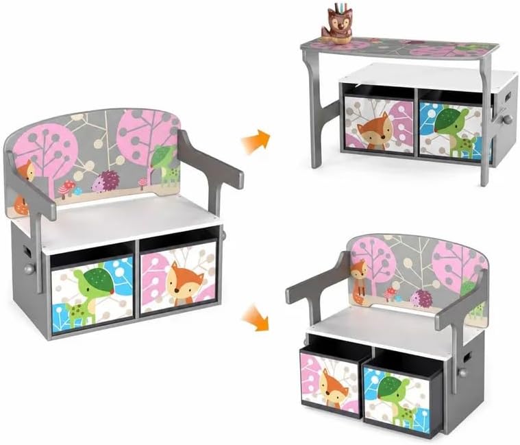 Byroce Kids Storage Bench with 2 Fabric Drawers, Multifunctional Toy Organizer Bench with T-Shaped Armrests, Convertible Activity Table and Chair Set for Playroom, Bedroom, and Nursery (Gray)