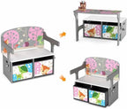 Byroce Kids Storage Bench with 2 Fabric Drawers, Multifunctional Toy Organizer Bench with T-Shaped Armrests, Convertible Activity Table and Chair Set for Playroom, Bedroom, and Nursery (Gray)