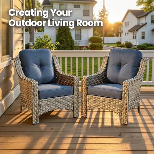 2 Piece Patio Furniture Set, Outdoor Wicker Chairs Set of 2 with Thick Cushion, Heavy Duty High Back Comfortable Chair for Small Balcony Porch Garden, Denim Blue