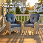 2 Piece Patio Furniture Set, Outdoor Wicker Chairs Set of 2 with Thick Cushion, Heavy Duty High Back Comfortable Chair for Small Balcony Porch Garden, Denim Blue