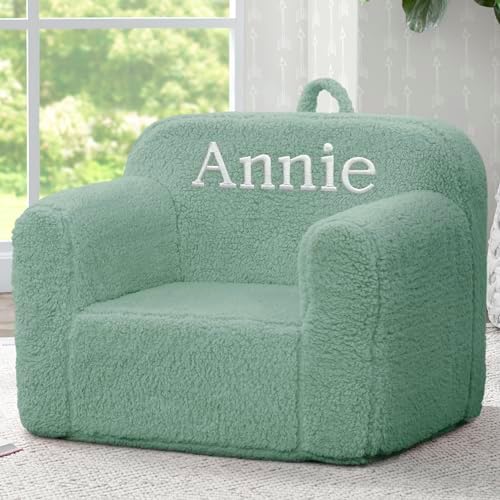Delta Children Personalized Sherpa Cozee Chair - Customize with Name – Foam Kids Chair for Ages 18 Months and Up, Sage