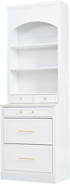 Modern 83.7inch High Kitchen Pantry, Freestanding Tall Kitchen Hutch with Faux Marble Top, Display Cupboard Cabinet with 5 Storage Drawers and Adjustable Shelf (White-073)