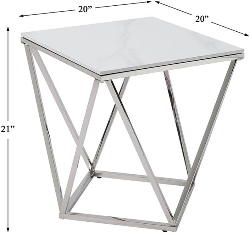 Pemberly Row Contemporary End Table, Stainless Steel Frame, Silver Finish, White Sintered Stone Top, Geometric Design, Modern Small Accent Table for Living Room or Decor Use
