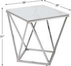 Pemberly Row Contemporary End Table, Stainless Steel Frame, Silver Finish, White Sintered Stone Top, Geometric Design, Modern Small Accent Table for Living Room or Decor Use