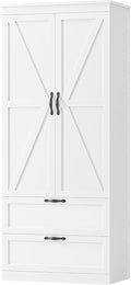 HOSTACK 70" Tall Kitchen Pantry Storage, Barn Doors Pantry Cabinet with Drawers and Adjustable Shelf, Modern Farmhouse Storage Cabinet for Kitchen, Dining Room, Living Room, Bathroom, White
