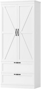 HOSTACK 70" Tall Kitchen Pantry Storage, Barn Doors Pantry Cabinet with Drawers and Adjustable Shelf, Modern Farmhouse Storage Cabinet for Kitchen, Dining Room, Living Room, Bathroom, White