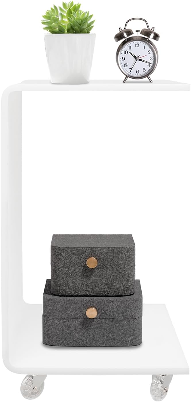 Modern Acrylic Side Table with Wheels, 14.1x13.4x21.6in Movable C-Shaped End Table for Living Room, Bedroom, Sofa, Bedside, Couch (Milky White)