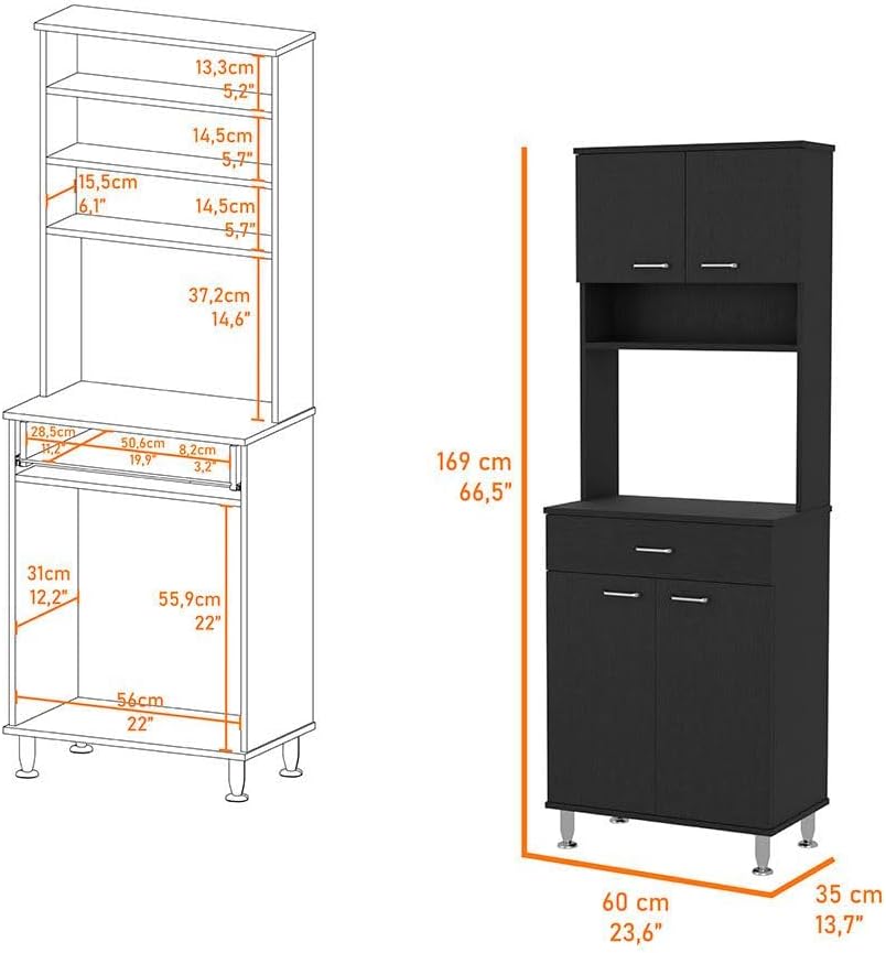 lapday Bay Area Pantry with 2 Door Cabinets, 1 Drawer, 4 Adjustable Metal Legs, for Living Room,Dining Room(13.90"×23.60"×66.50"). (Black)