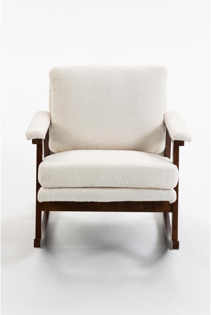 Rocking Chair for Nursery, Mid Century Modern Accent Chair with Comfort Backrest and Cushion, Cozy Reading Chair with Solid Rubberwood Frame for Living Room, Bedroom and Sunroom