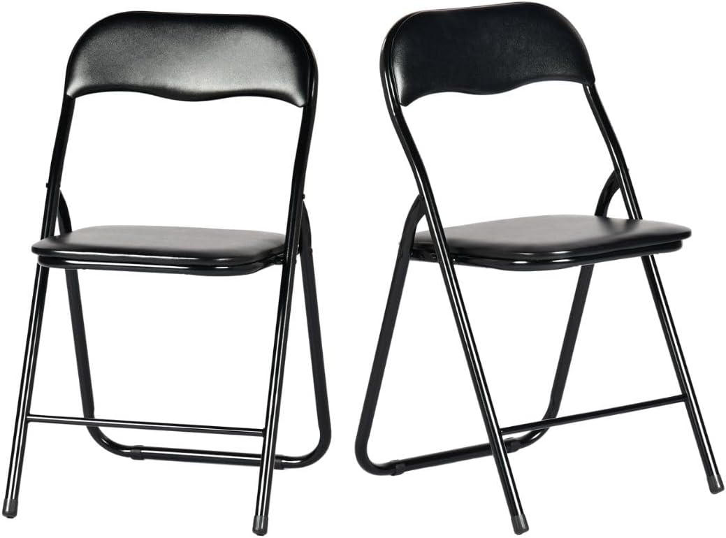 FurnitureR Steel Folding Chairs Foldable Chair with Padded Seats for Desks Home Office Waiting Room Guest Reception Party Poker Stackable Conference Chairs (Black PVC Ⅰ, 2-Pack)