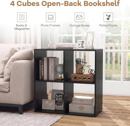 POWERSTONE 4 Cube Storage Organizer, 2 Tier Cubby Bookshelf Freestanding Bookcase w/Back Guardrail, Open Back Display Rack for Living Room, Bedroom, Study, Black