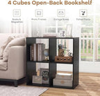 POWERSTONE 4 Cube Storage Organizer, 2 Tier Cubby Bookshelf Freestanding Bookcase w/Back Guardrail, Open Back Display Rack for Living Room, Bedroom, Study, Black