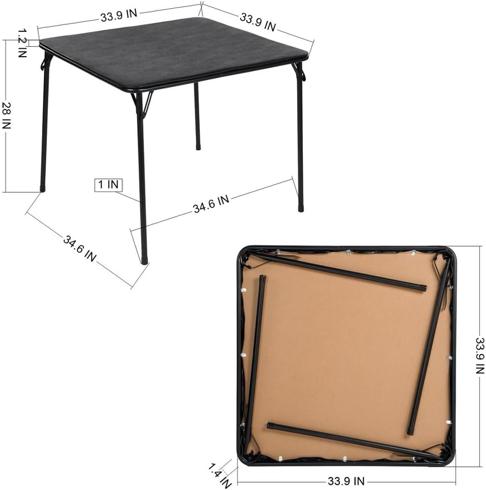 34 Inch Folding Table Foldable Portable Table, Square Folding Card Table for Poker Games, Camping, Picnic, Metal Construction with PU Soft Padded Tabletop, Space Saving Storage, Black