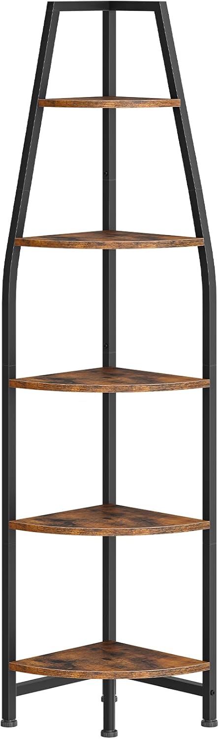 CHOEZON Corner Shelf with Lights, Corner Bookshelf with Metal Frame, 5-Tier Tall Ladder Shelf, Storage Rack for Home Office, Bedroom, Living Room, Rustic Brown and Black TCJ71DBF