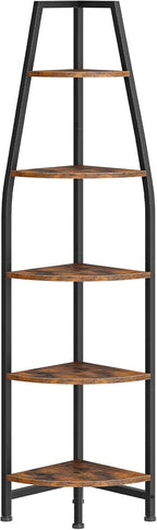 CHOEZON Corner Shelf with Lights, Corner Bookshelf with Metal Frame, 5-Tier Tall Ladder Shelf, Storage Rack for Home Office, Bedroom, Living Room, Rustic Brown and Black TCJ71DBF