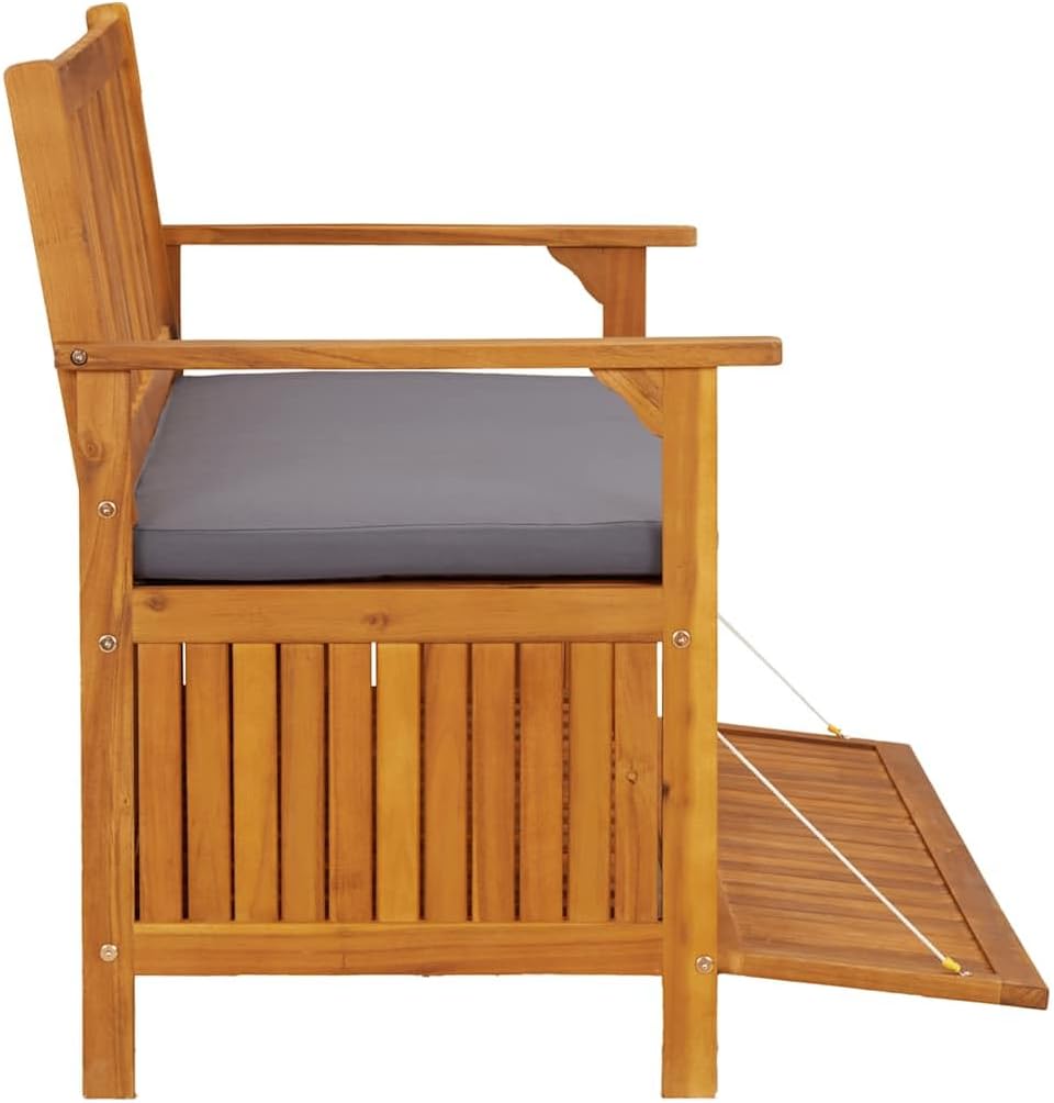 Acacia Wood Outdoor Storage Bench with Dark Grey Cushion, Natural Finish, Weatherproof Patio Furniture for Garden, Porch, Deck Bench Seating