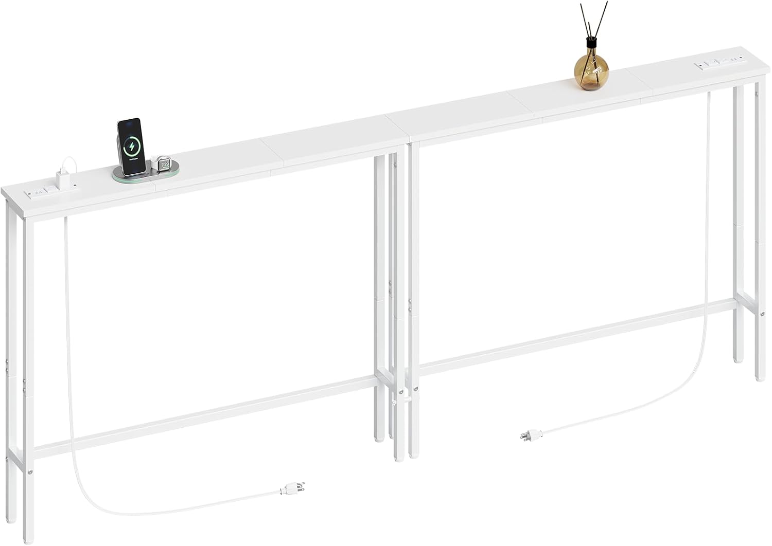 ELYKEN 2 Pack 5.9" Narrow Console Sofa Table with Power Outlets, Total 78.8” Long Behind Couch Table with Charge Station and 4.9’ Extension Cord for Living Room, 5.9" D x 78.8”W x 29.5”H, White