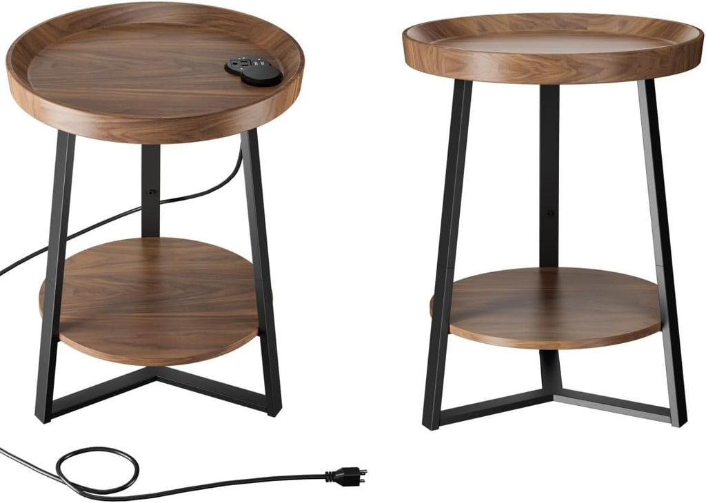Gadroad Round End Table with Charging Station, Wood Tabletop & Black Metal Frame, 2 Tier Farmhouse Side Table Nightstand for Living Room, Bedroom, Brown 15.7 * 15.7 * 23.0inches